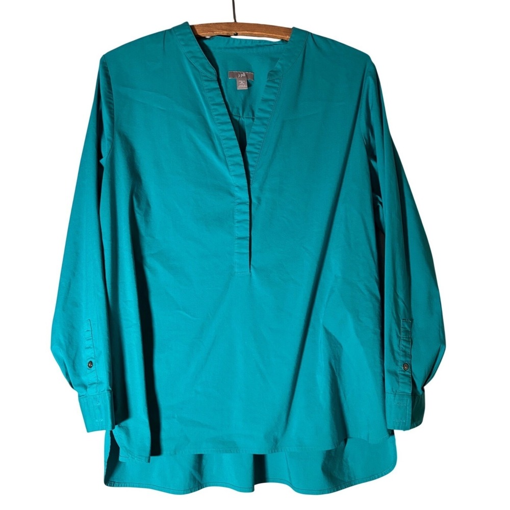 J. Jill Womens Medium Petite Teal Blue Stretch Cotton Popover Tunic Blouse Top